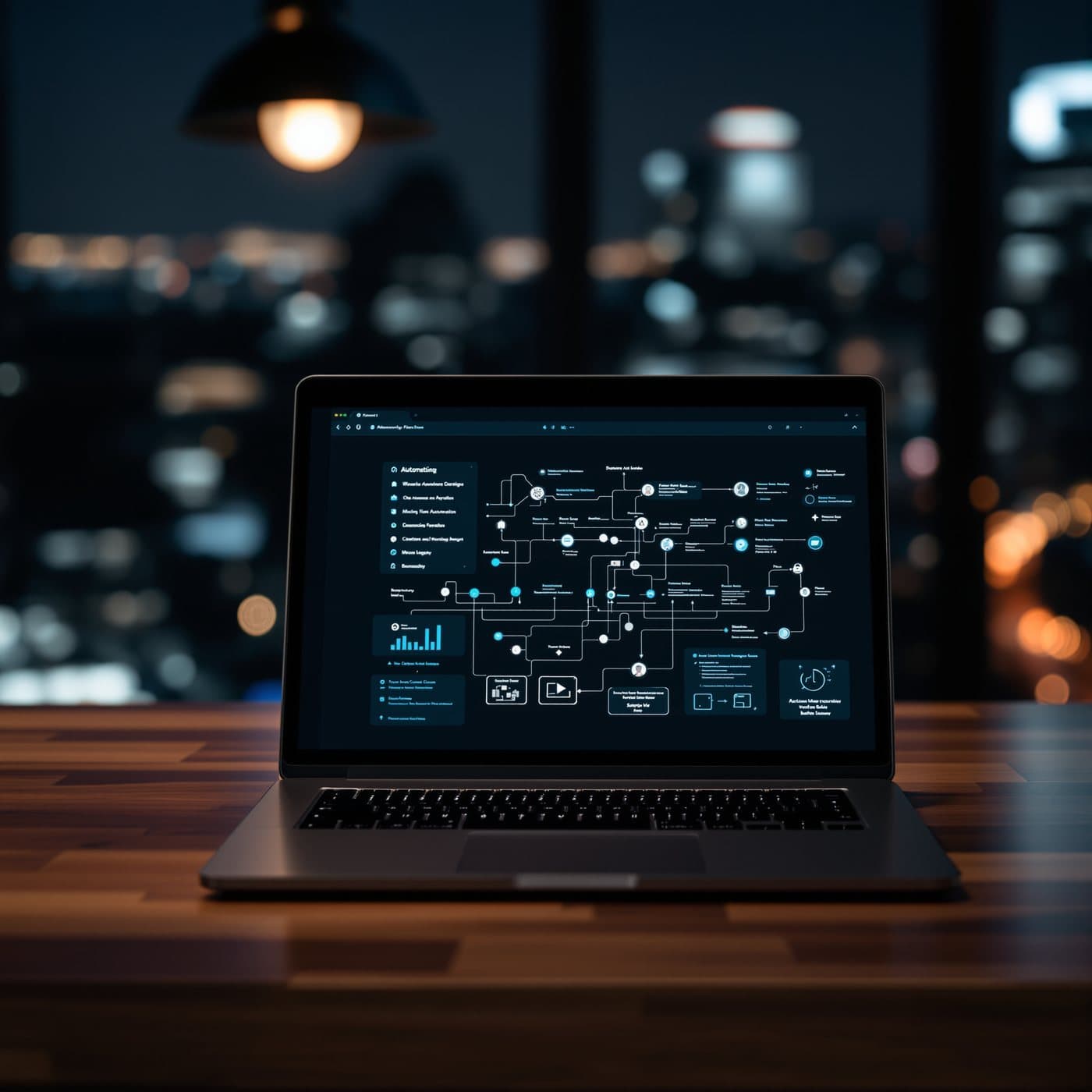 A laptop showing a workflow automation diagram