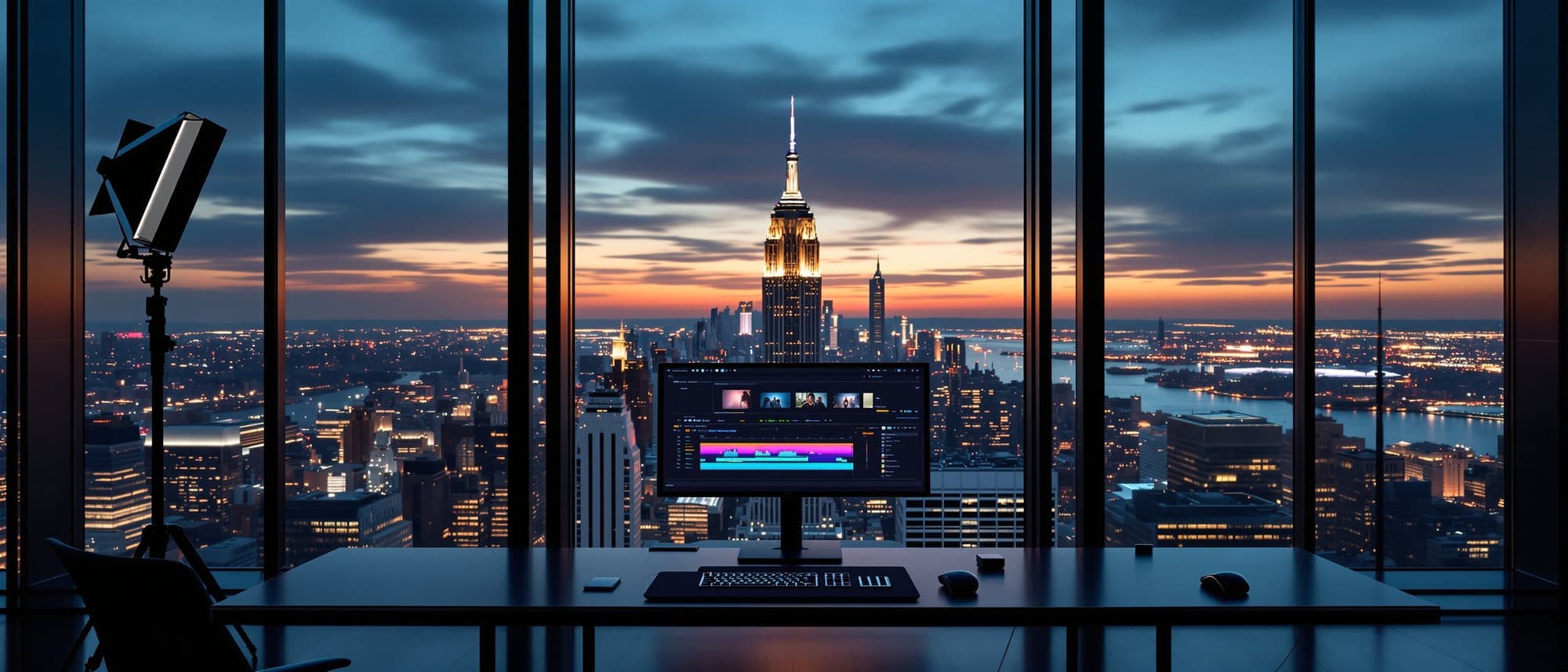 The Manhattan skyline at dusk from a high-floor studio