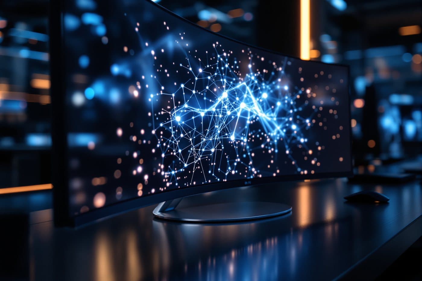 A workstation showing a glowing neural network visualization