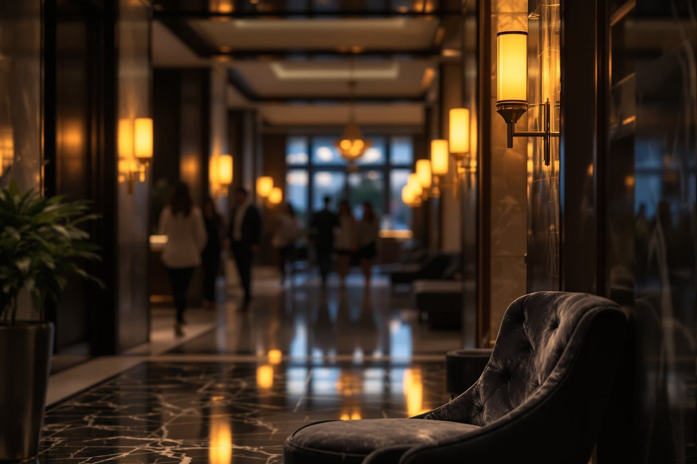 A boutique luxury hotel lobby in the evening