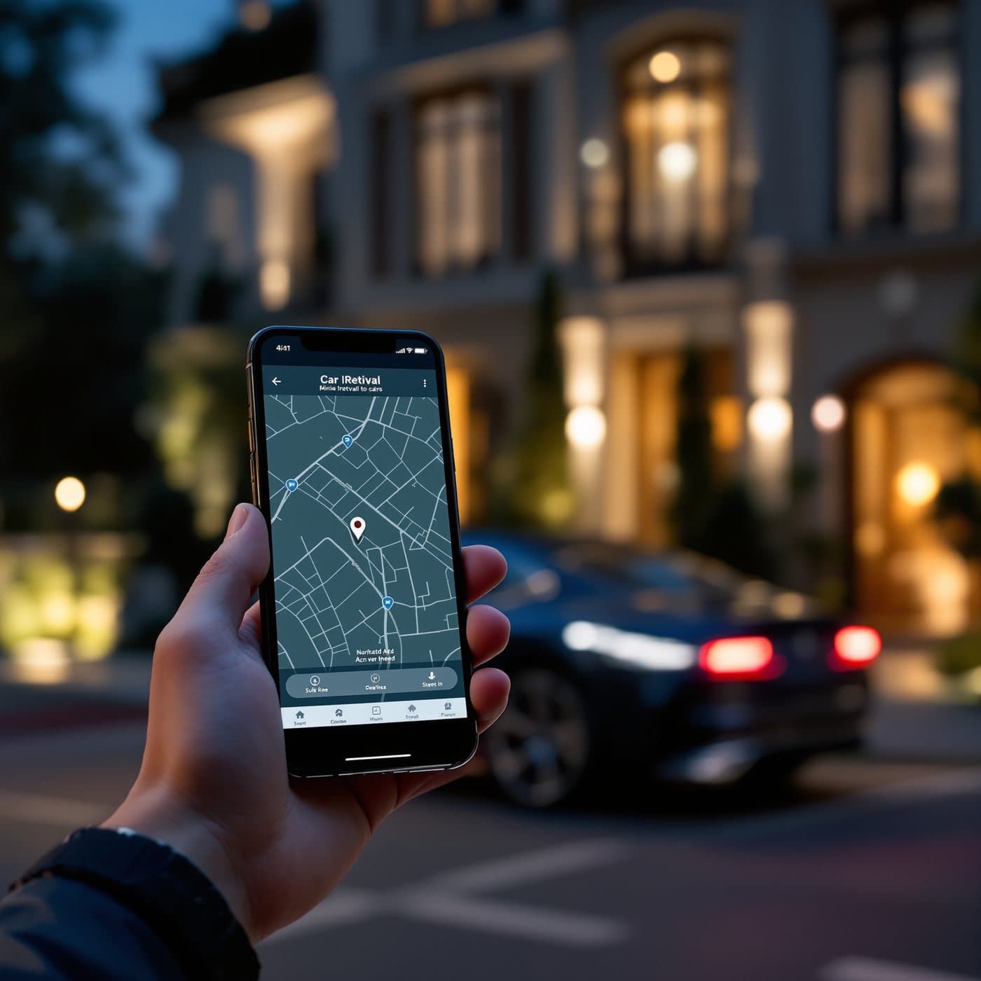 A phone showing a car-retrieval app at night