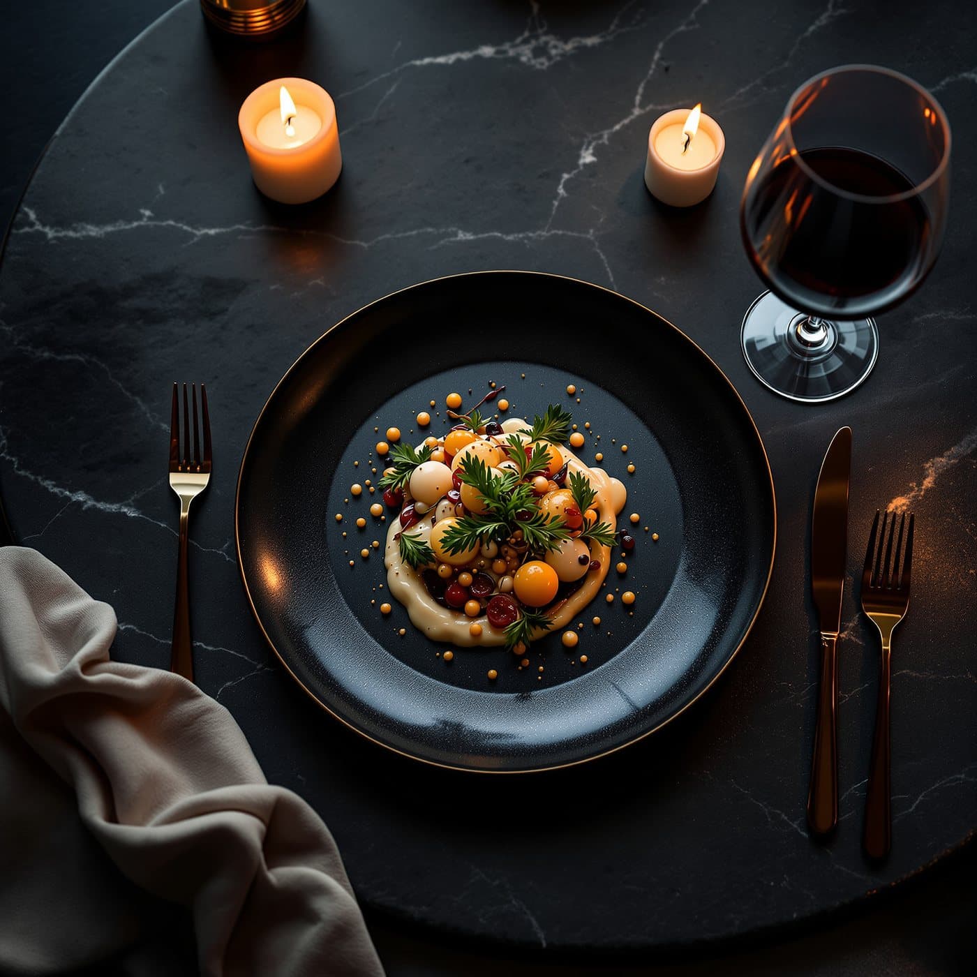 A fine-dining plate on a dark stone table by candlelight